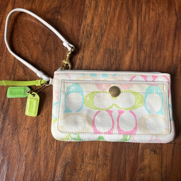 Vintage COACH Monogram Summer Pastel Canvas and Leather Wristlet - Picture 1 of 7